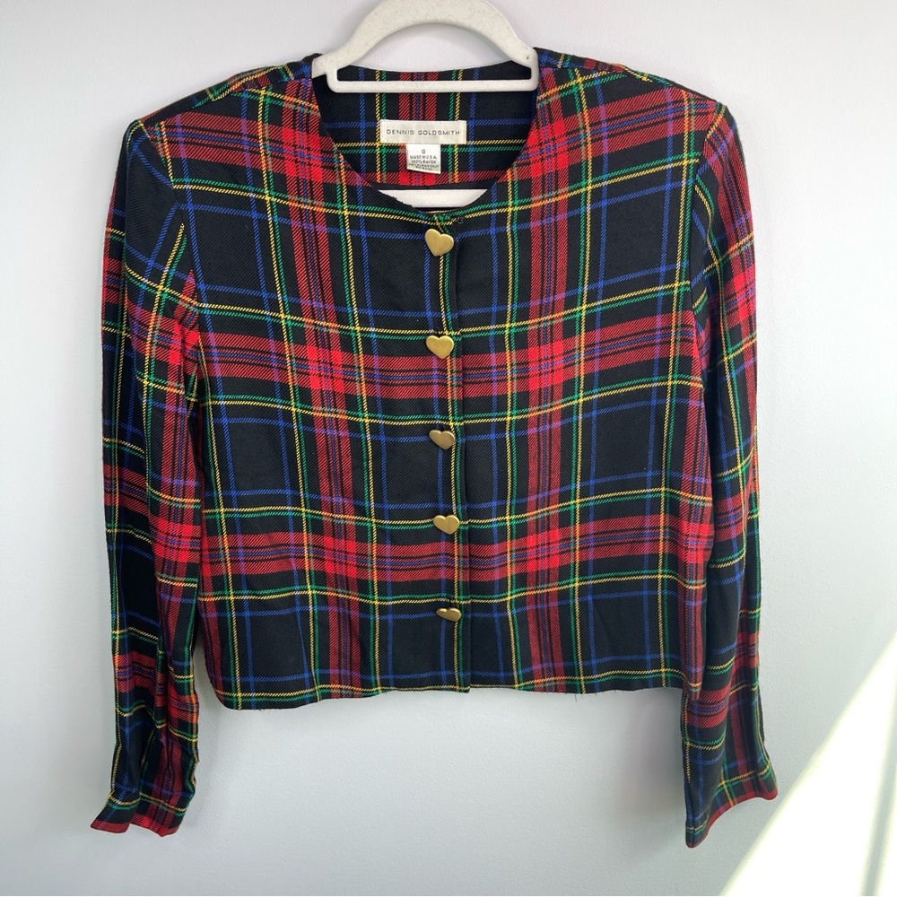 Vintage Dennis Goldsmith Crop Plaid Button-Up Blazer Heart Buttons Shoulder Pads